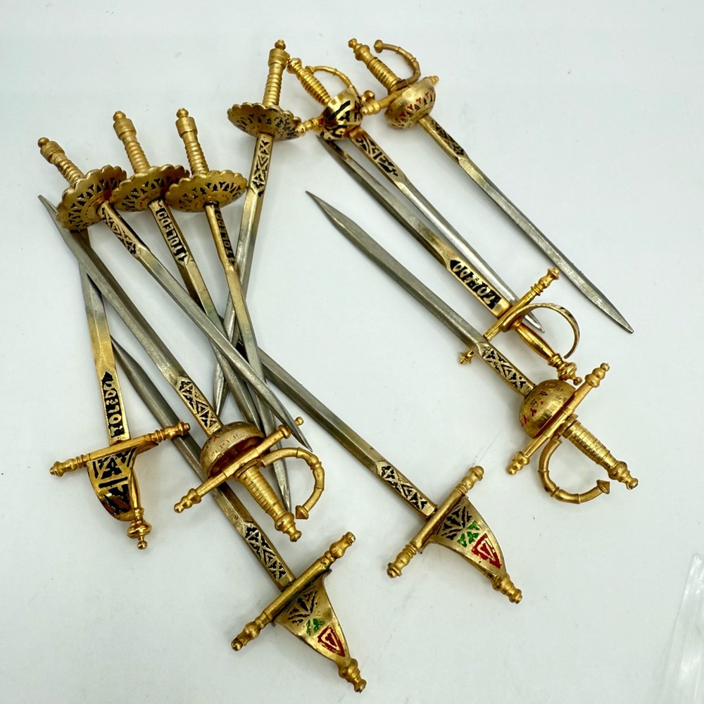 Vintage Toledo Spain Miniature Sword Cocktail Picks Stand 13pc Appetizer Skewers - Picture 15 of 15